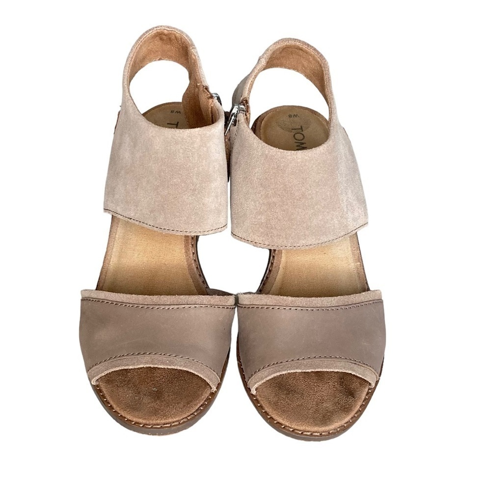 Toms Beige Suede Block Heeled Side Zip Ankle Strap Sandals